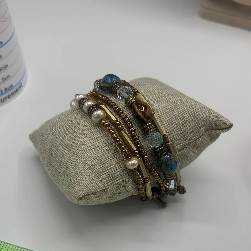 Multi-Row Gold and Blue Beaded Women’s Bracelet